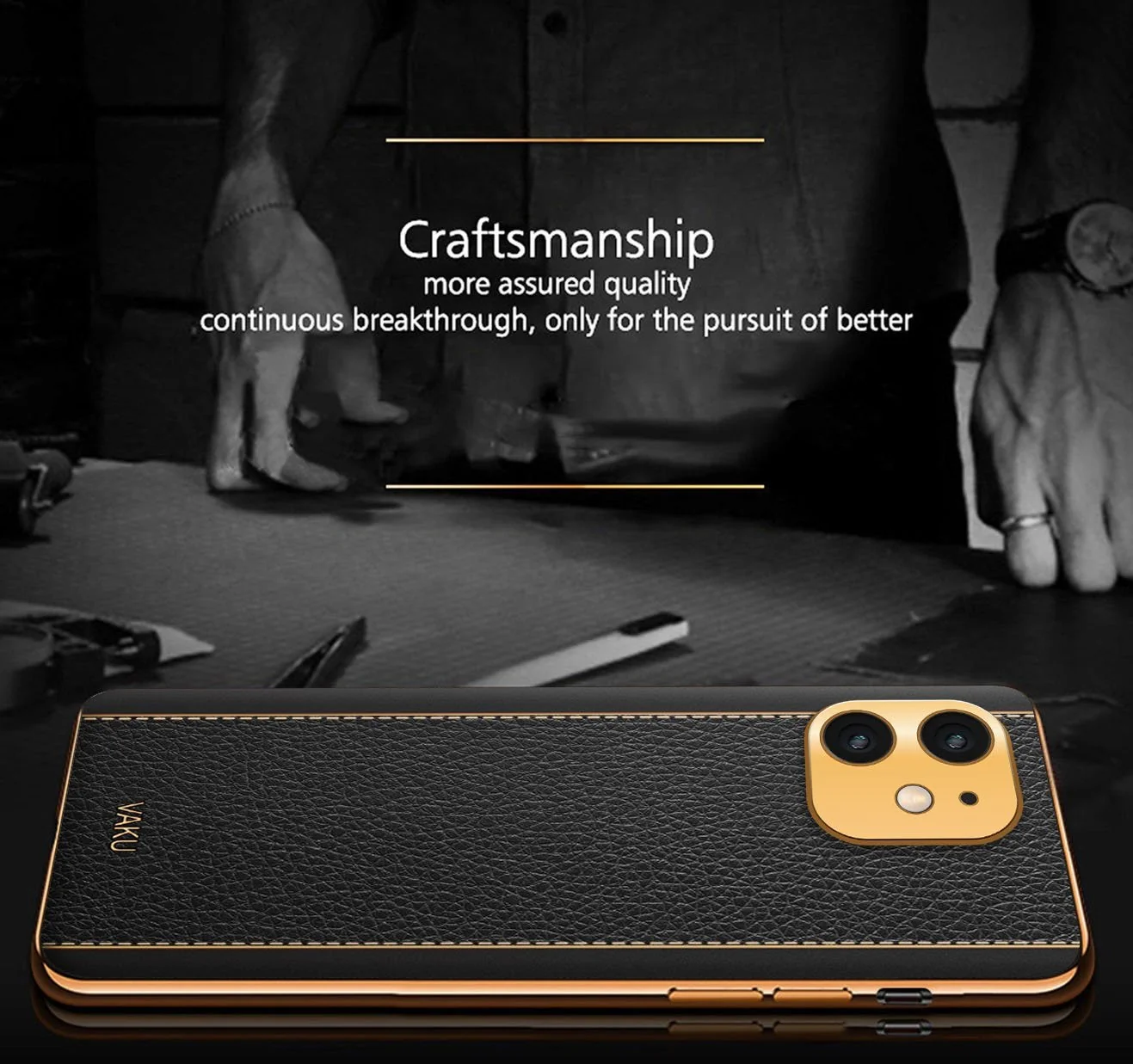 Vaku® For Apple iPhone 11 Luxemberg Series Leather Stitched Gold Electroplated Soft TPU Back Cover - Image 5