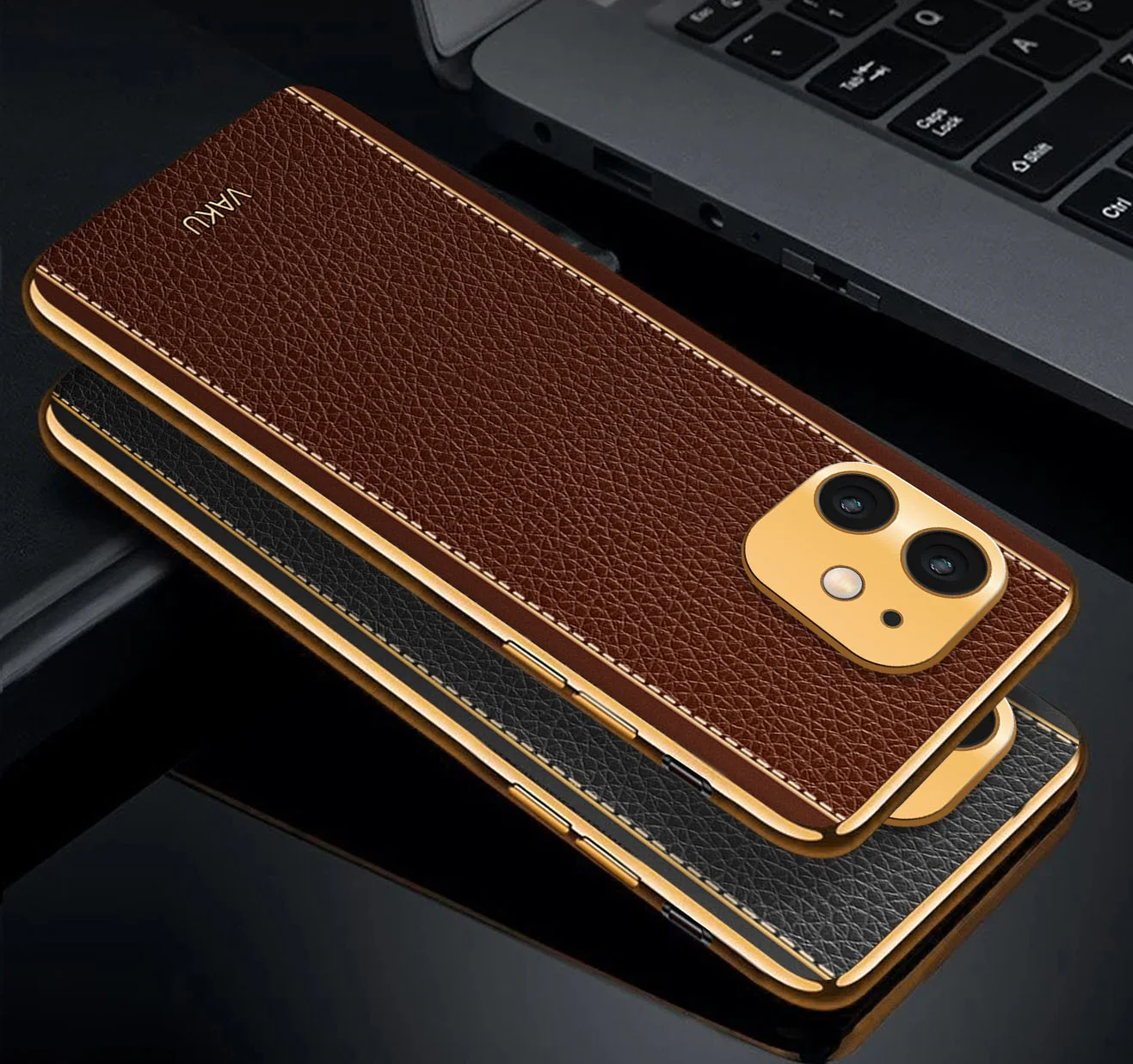Vaku® For Apple iPhone 12 Luxemberg Series Leather Stitched Gold Electroplated Soft TPU Back Cover - Image 3