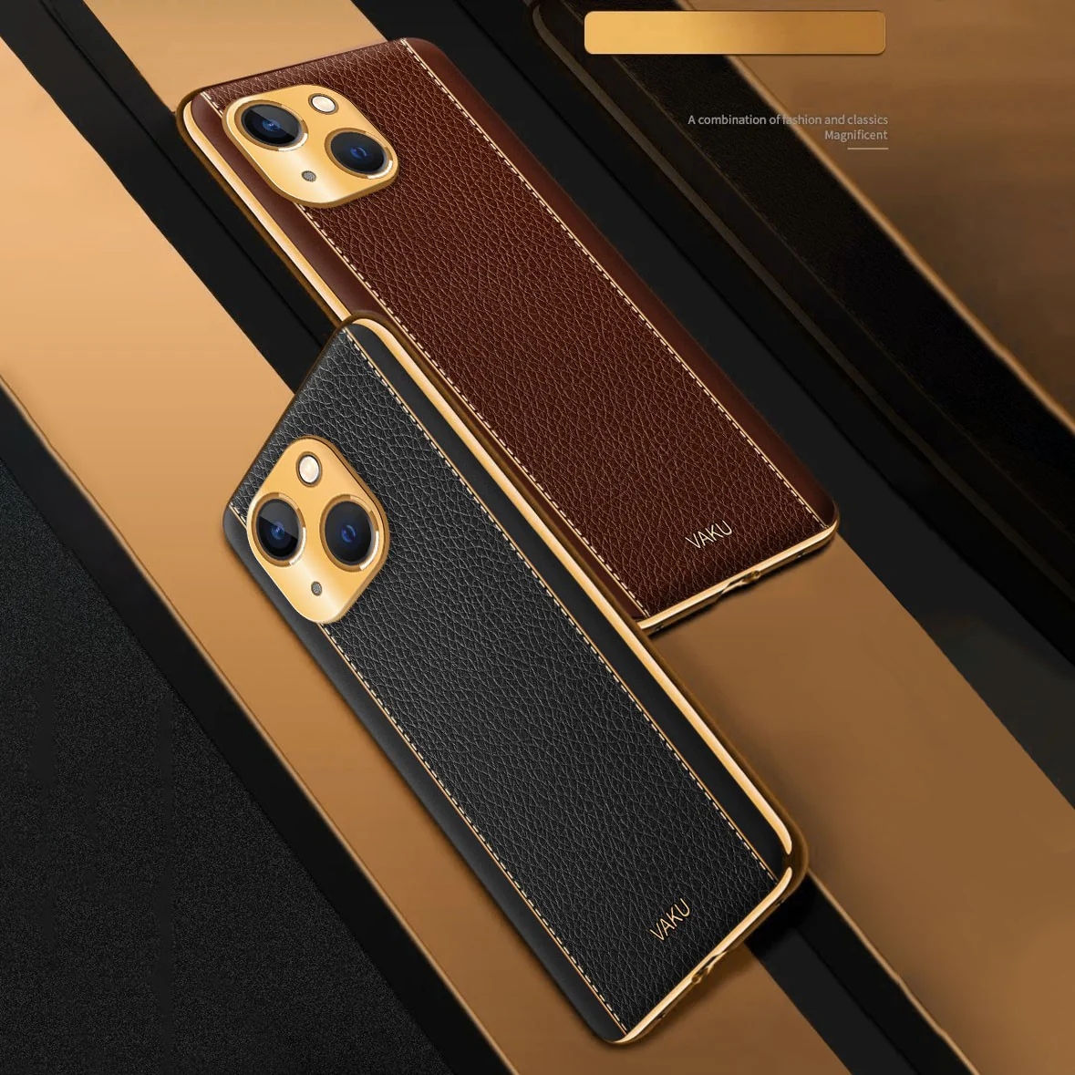 Vaku® For Apple iPhone 13 Luxemberg Series Leather Stitched Gold Electroplated Soft TPU Back Cover - Image 10
