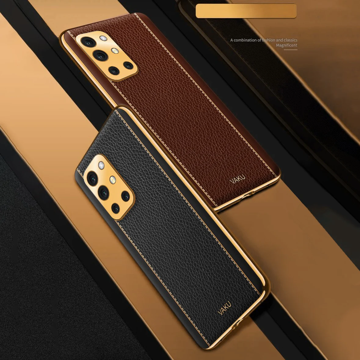 Vaku® Oneplus 9R Luxemberg Series Leather Stitched Gold Electroplated Soft TPU Back Cover - Image 12