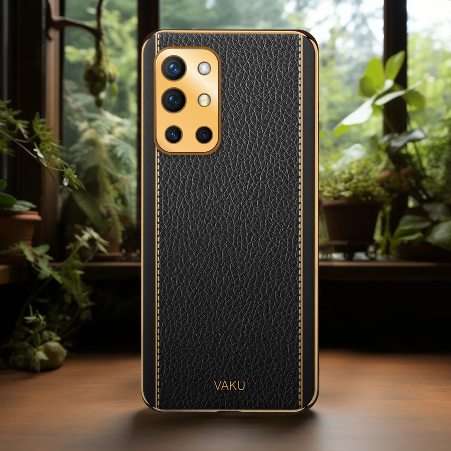 Vaku® Oneplus 9R Luxemberg Series Leather Stitched Gold Electroplated Soft TPU Back Cover - Image 16