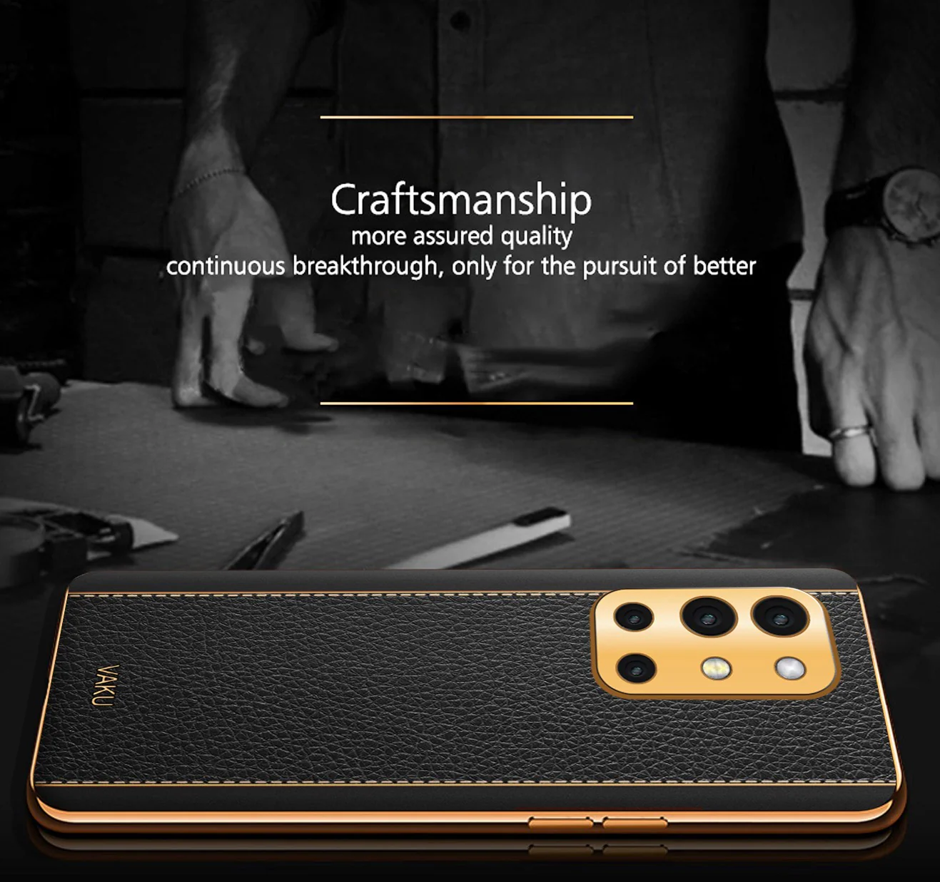 Vaku® Oneplus 9R Luxemberg Series Leather Stitched Gold Electroplated Soft TPU Back Cover - Image 3