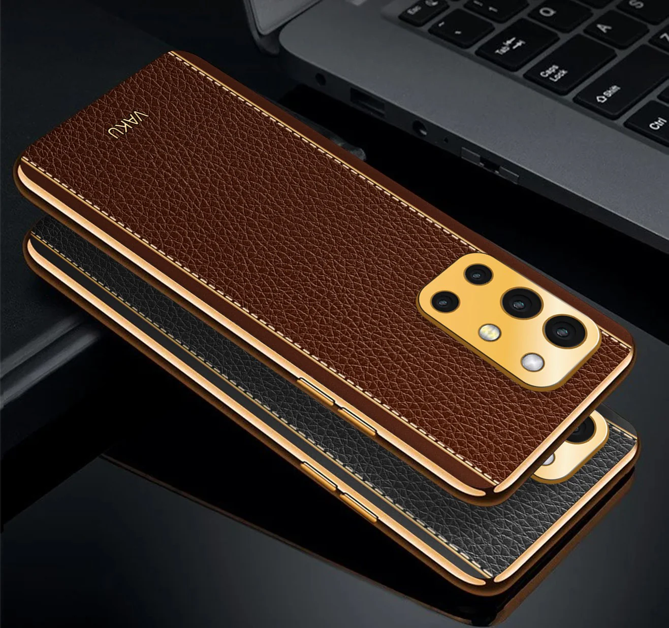Vaku® Oneplus 9R Luxemberg Series Leather Stitched Gold Electroplated Soft TPU Back Cover - Image 4