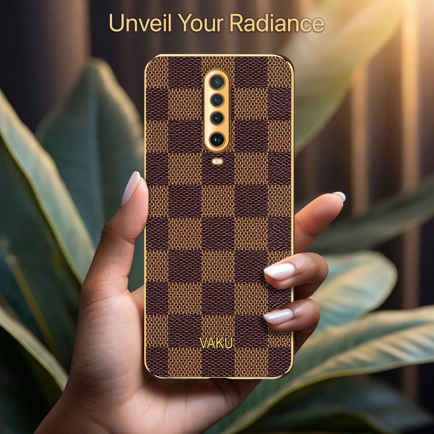 Vaku® POCO X2 Cheron Series Leather Stitched Gold Electroplated Soft TPU Back Cover - Image 5