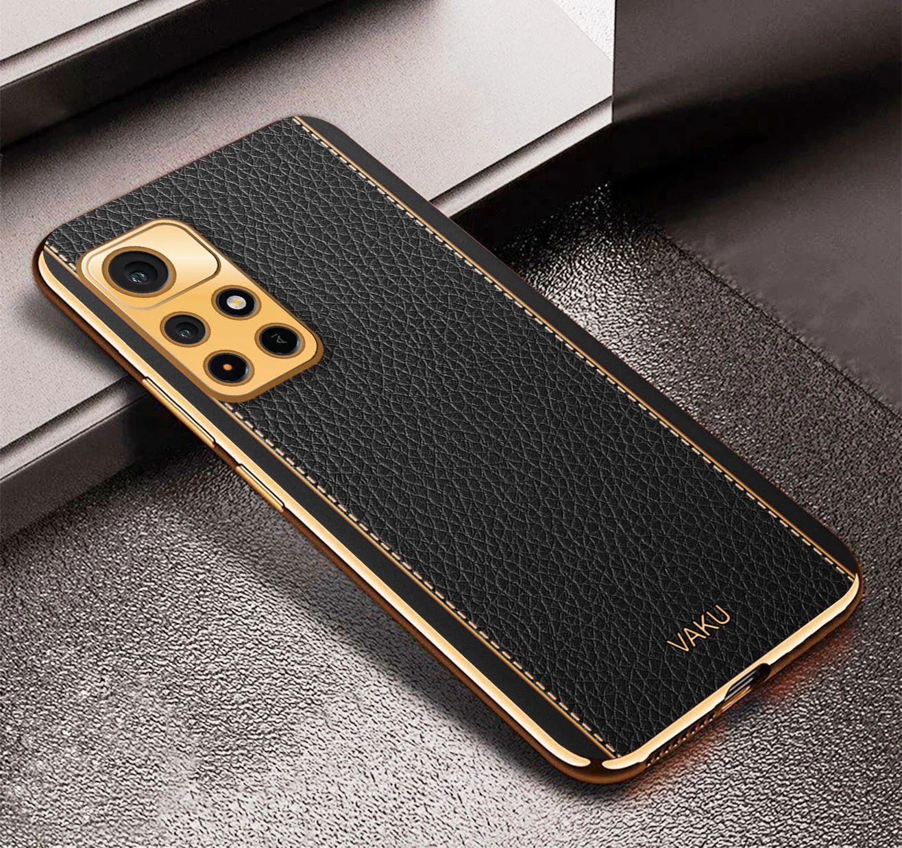 Vaku® Redmi Note 11T 5G Luxemberg Series Leather Stitched Gold Electroplated Soft TPU Back Cover - Image 4
