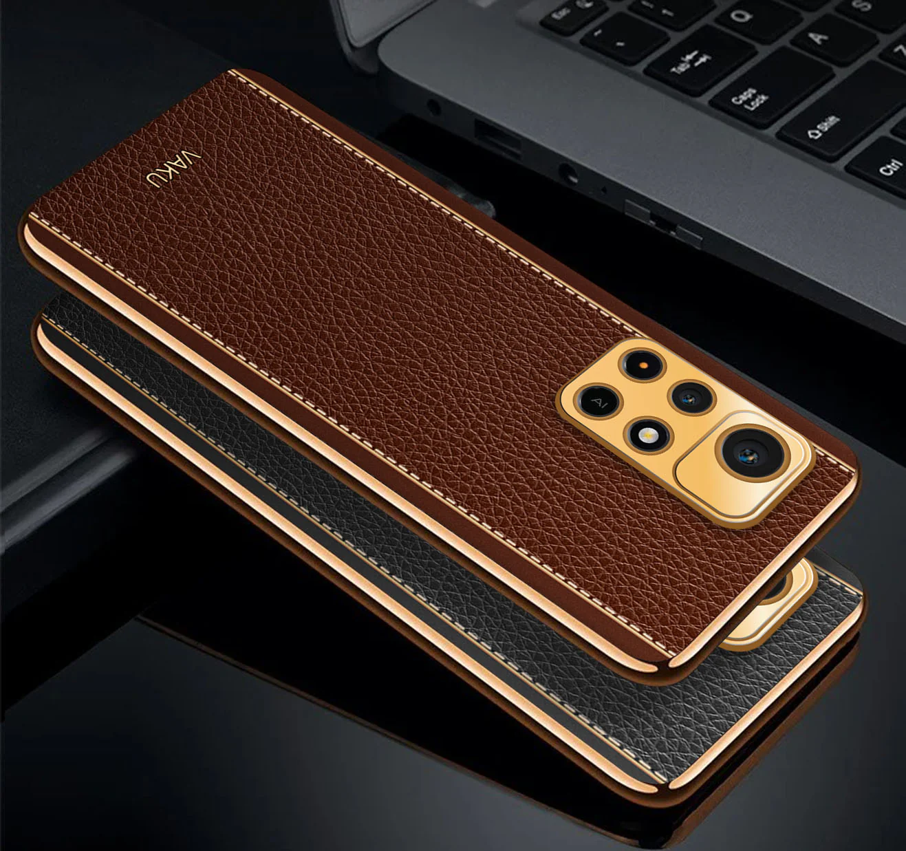 Vaku® Redmi Note 11T 5G Luxemberg Series Leather Stitched Gold Electroplated Soft TPU Back Cover - Image 8