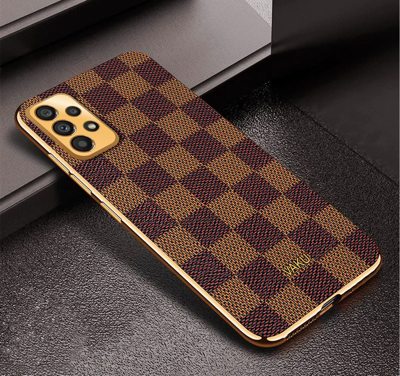 Vaku® Samsung Galaxy A33 5G Cheron Series Leather Stitched Gold Electroplated Soft TPU Back Cover - Image 3