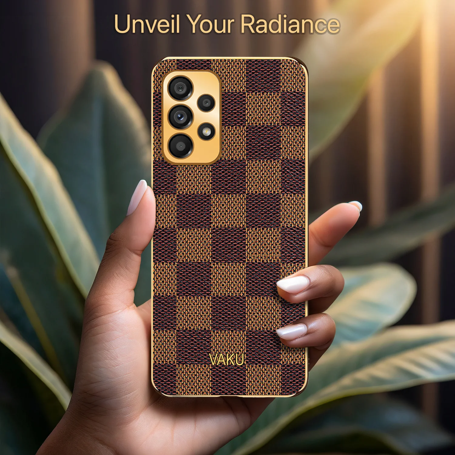 Vaku® Samsung Galaxy A33 5G Cheron Series Leather Stitched Gold Electroplated Soft TPU Back Cover - Image 7