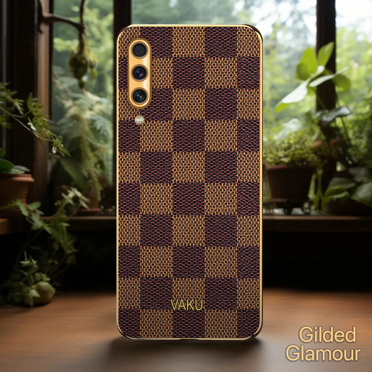 Vaku® Samsung Galaxy A50 Cheron Series Leather Stitched Gold Electroplated Soft TPU Back Cover - Image 5