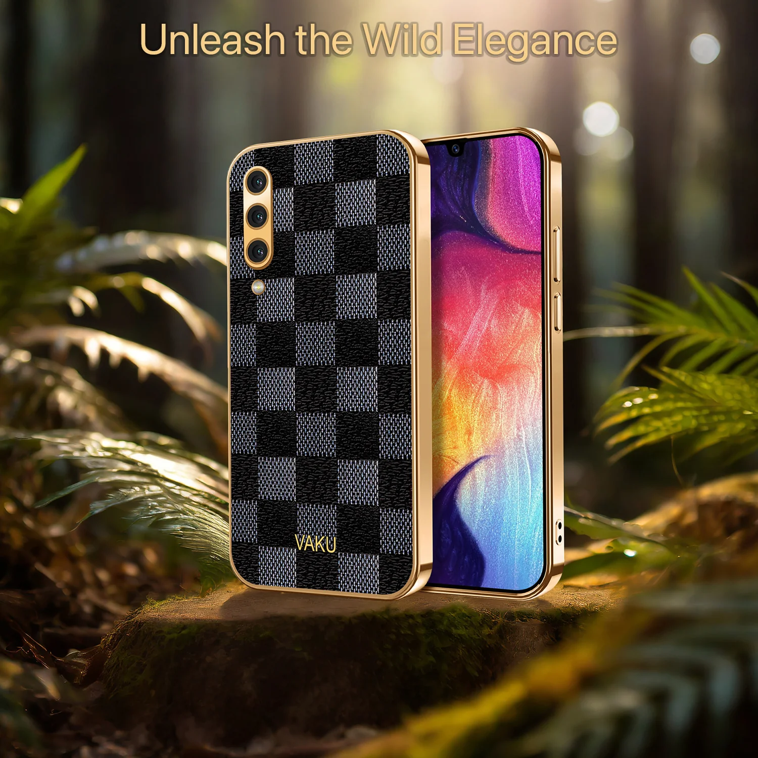 Vaku® Samsung Galaxy A50 Cheron Series Leather Stitched Gold Electroplated Soft TPU Back Cover - Image 6