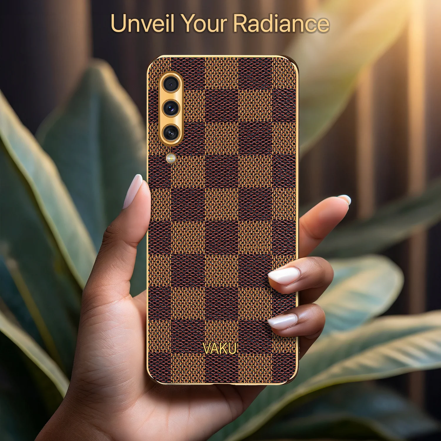 Vaku® Samsung Galaxy A50 Cheron Series Leather Stitched Gold Electroplated Soft TPU Back Cover - Image 7